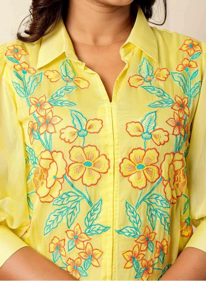 KASYA Yellow Embroidered Organza Co-Ord Set